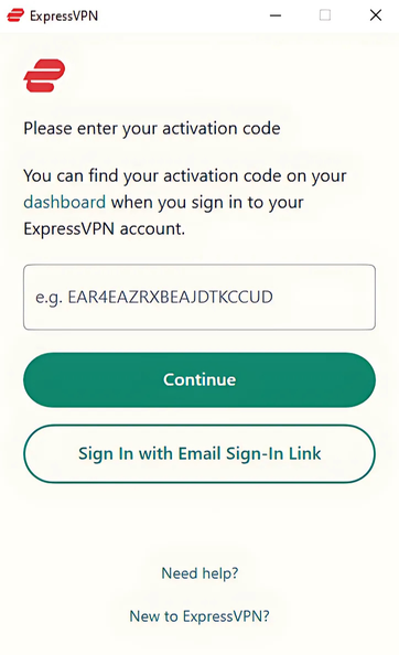ExpressVPN app with the options to activate a user