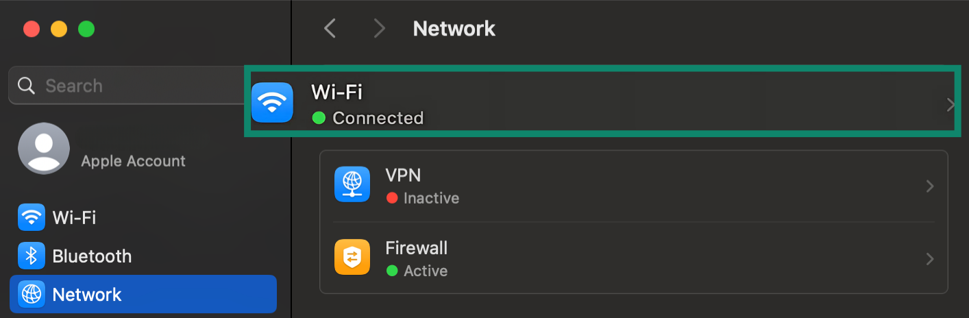 Image showing how to find Mac Wi-Fi option in the settings.