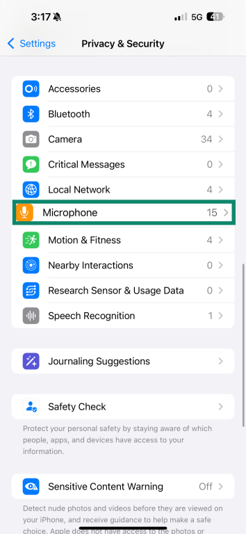 The iOS Microphone option under Privacy & Security.