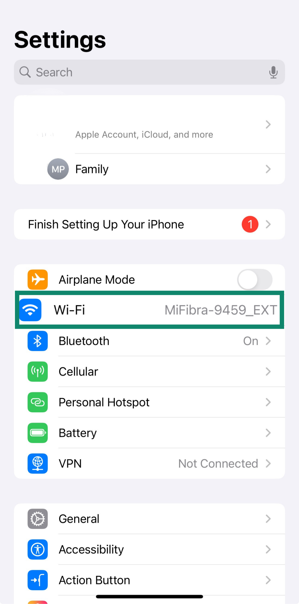 iPhone settings page with Wi-Fi section highlighted