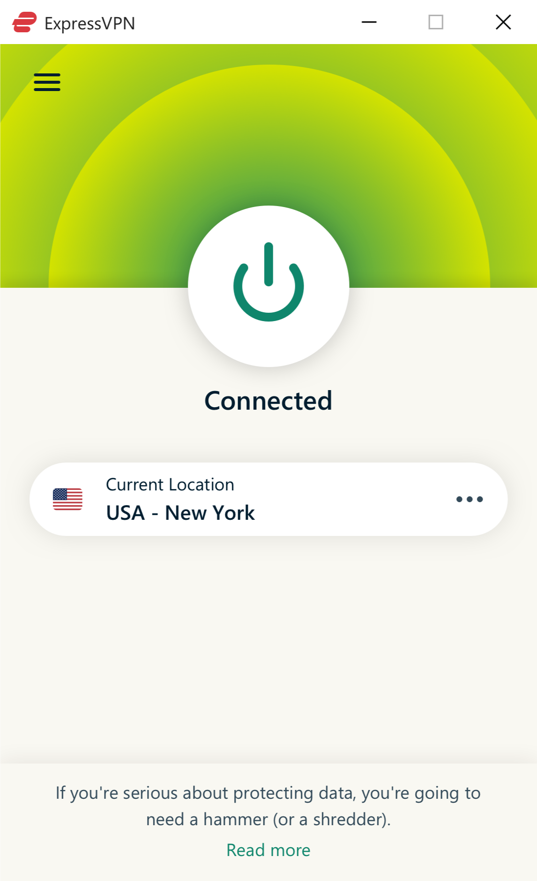 The main ExpressVPN app window, showing the green Connected button