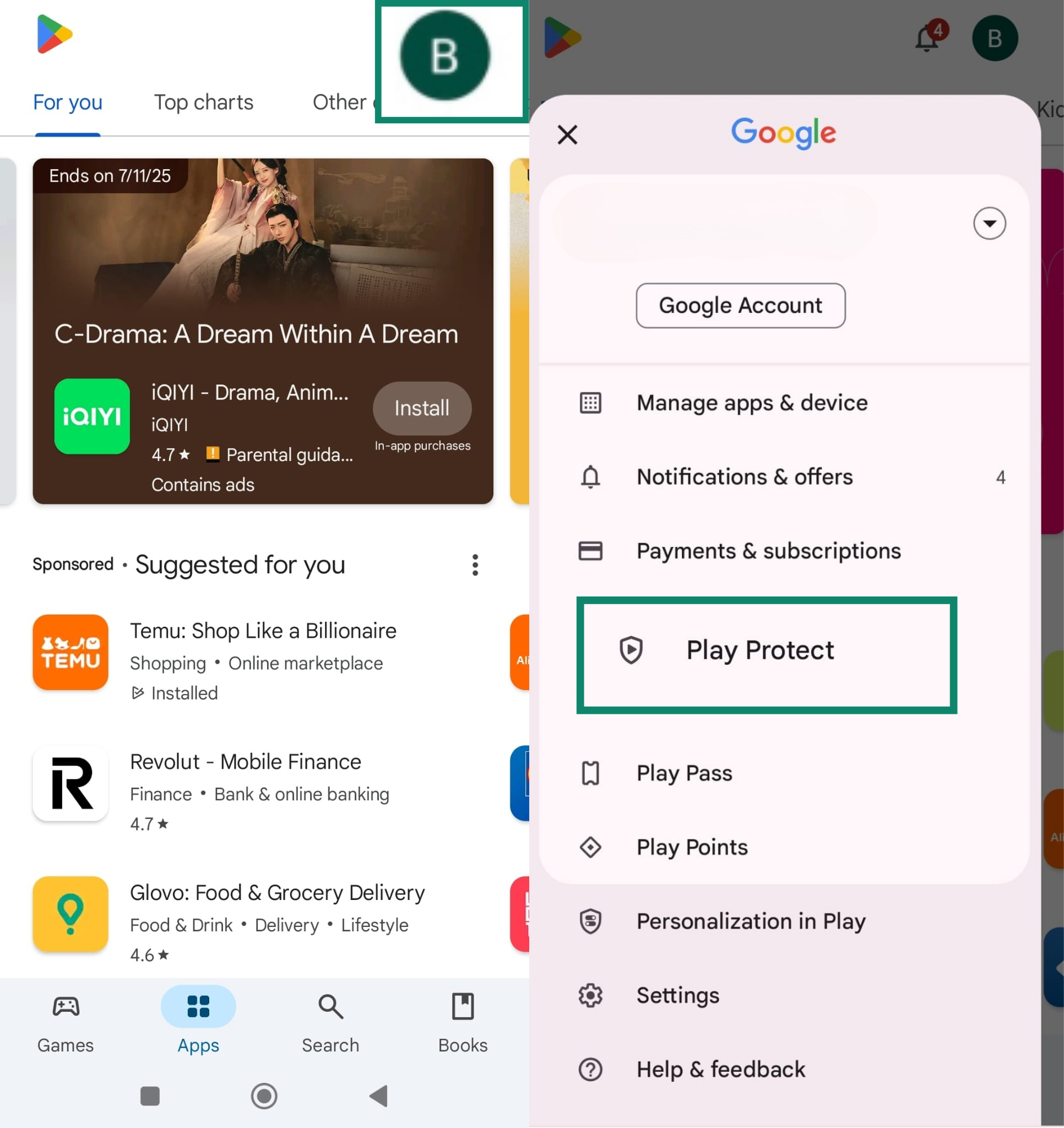 Opening Play Protect from Google Play Store profile menu.