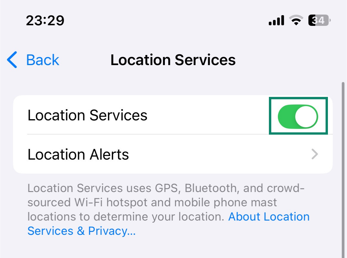 Screenshot of the Location services toggled on in the iOS device settings.