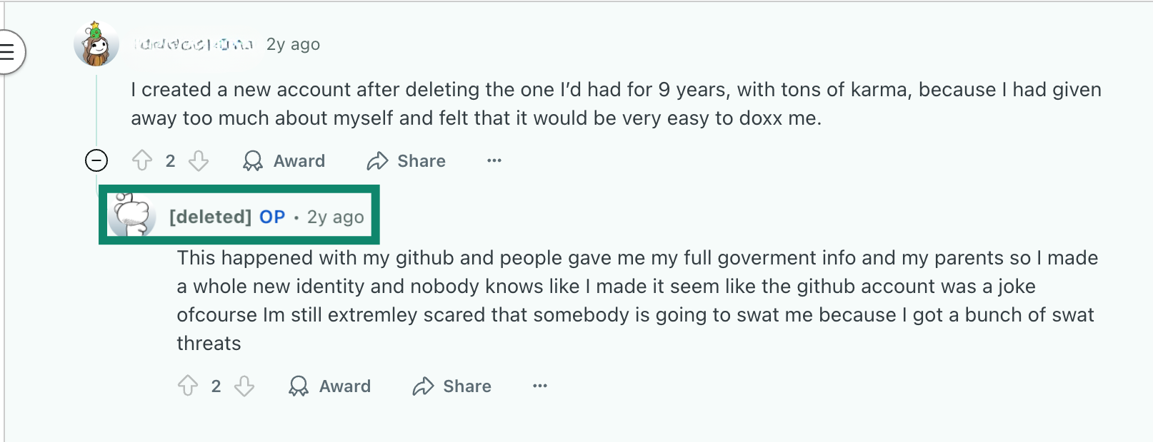Reddit screenshot with the deleted user tag highlighted.