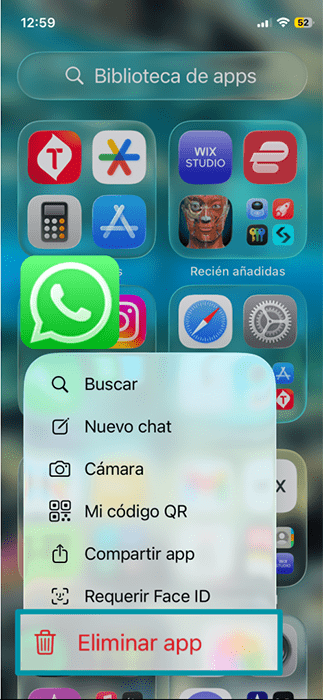 iOS home screen, showing the WhatsApp app quick actions, with the "Remote App" option highlighted.