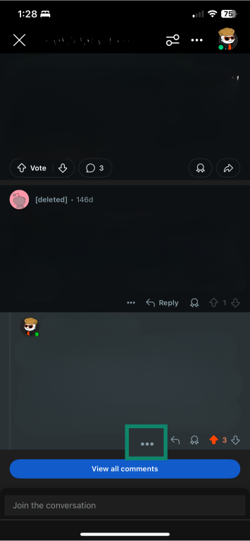 Reddit mobile comment page.