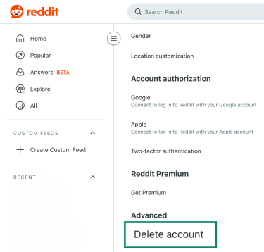 Reddit account settings page with the Delete account option highlighted.