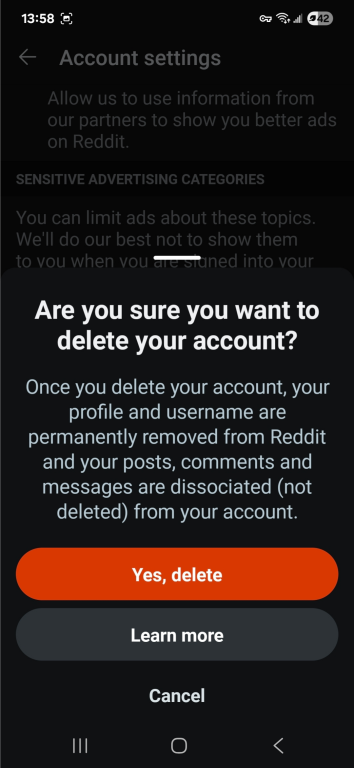 Reddit Android app final account deletion screen.