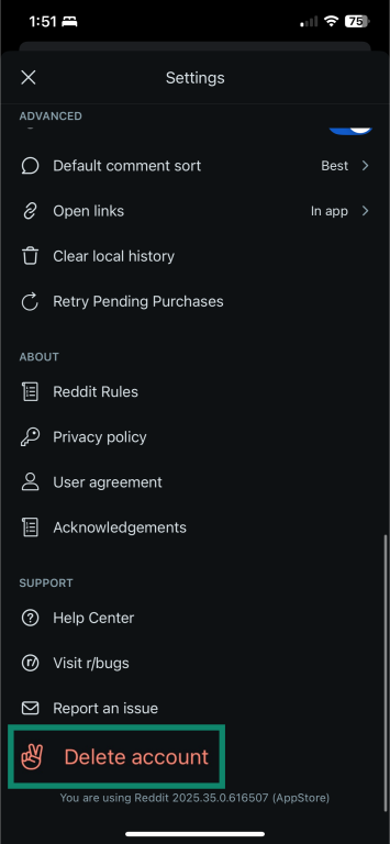 Reddit iOS app settings with Delete account highlighted.