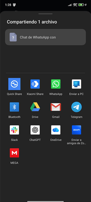 A screenshot of the WhatsApp app, showing an array of possible apps to use when exporting and saving chat files.