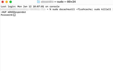 macOS Terminal windows showing how to flush cache with the command sudo dscacheutil -flushcache; sudo killall -HUP mDNSResponder