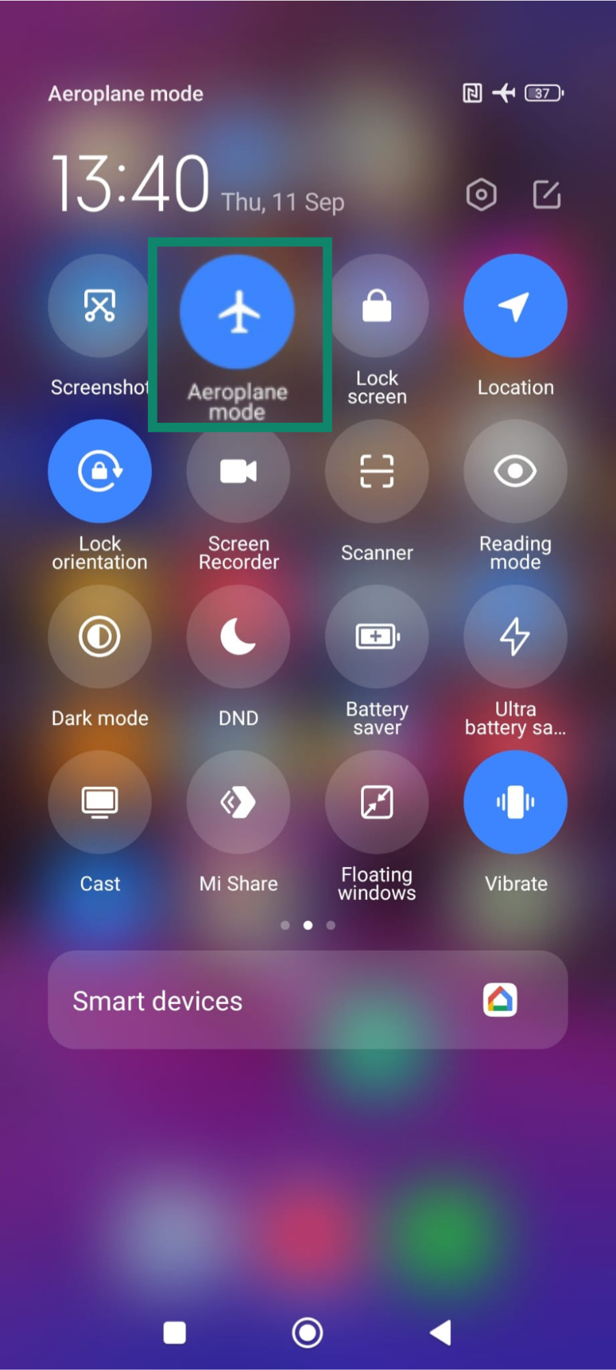 Android Quick Settings showing airplane mode turned on.