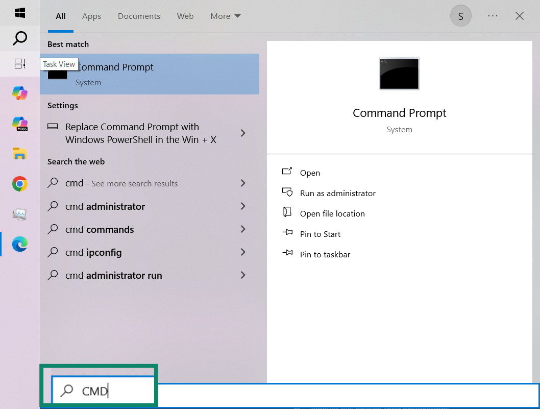 Windows Start menu showing search for CMD.