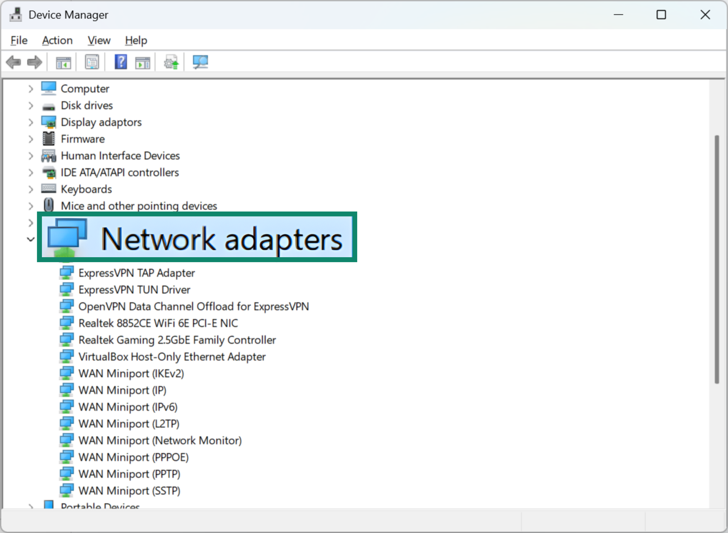 Windows 11 Device Manager menu with a highlighted Network adapters button.