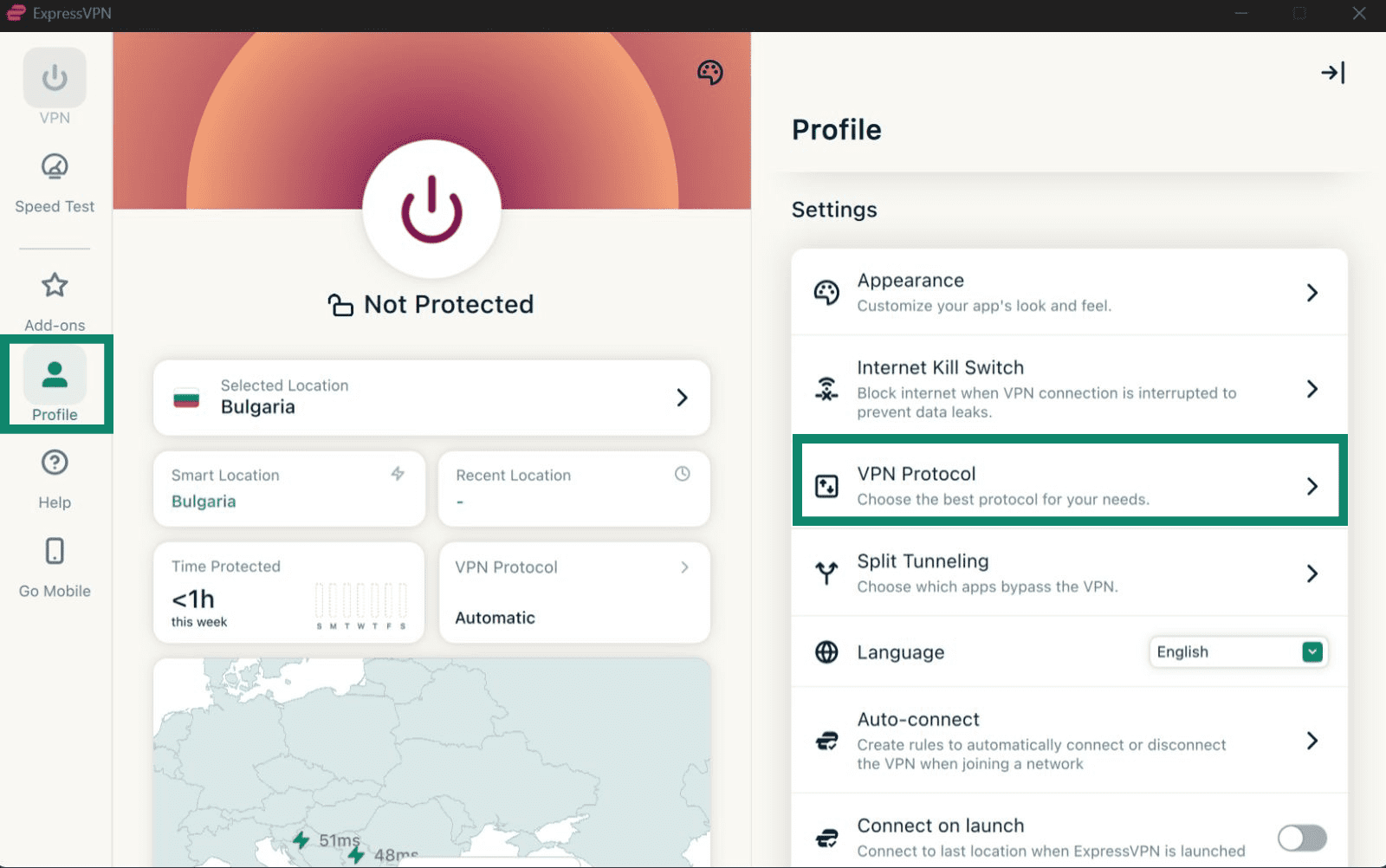 ExpressVPN's Windows app, showing a highlighted "Profile" tab and the "VPN Protocol" option.