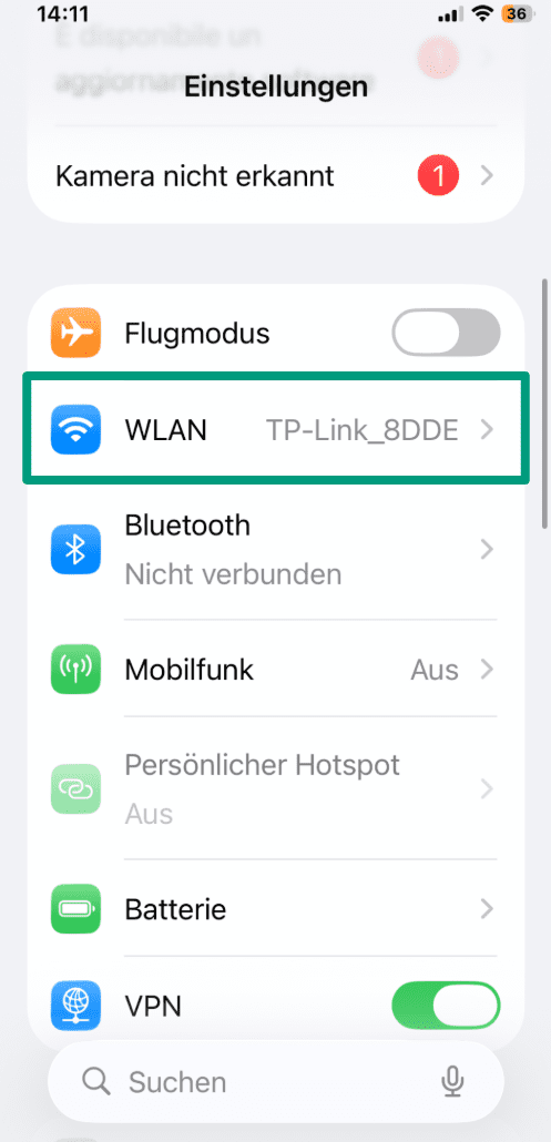 iOS Settings menu with Wi-Fi highlighted