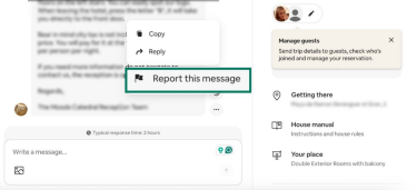 Airbnb Messages screen showing Report this message function.