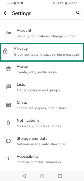 Image of the privacy option in the WhatsApp Settings menu.