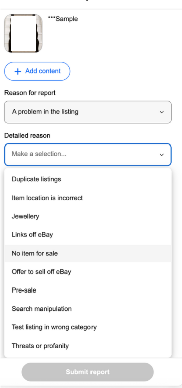 eBay report form showing a dropdown menu of detailed reasons for reporting a listing