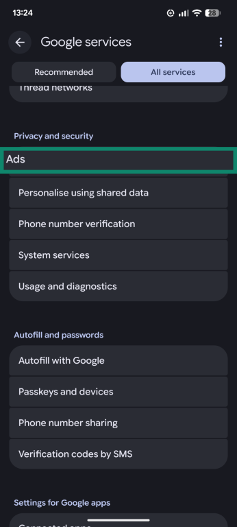 A screenshot of the Android Settings app, showing the Ads menu option.