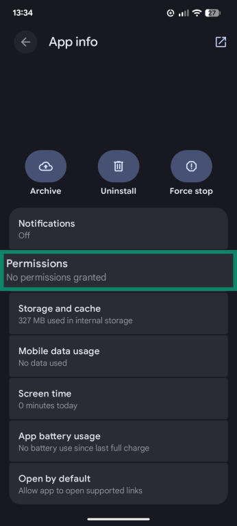 A screenshot of the App info menu for an Android mobile game, showing the option to adjust permissions.