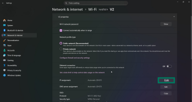 Wi-Fi settings on Windows showing Edit button highlighted under IP assignment.