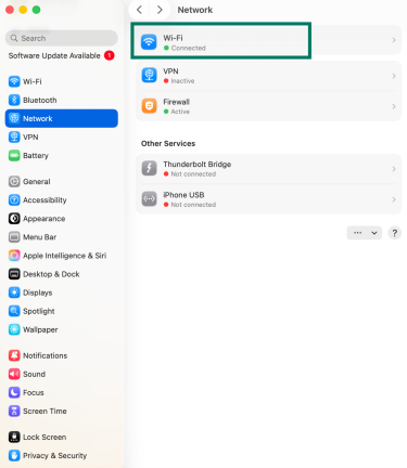 Network settings on macOS showing Wi-Fi connection listed as active.