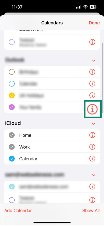 Image showing the Information button in the iPhone calendar settings