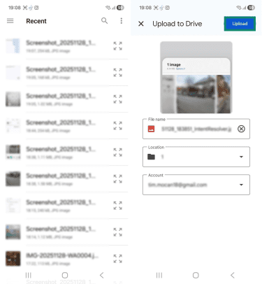Two Android screenshots side by side. The first one shows a list of recent images that can be uploaded to Google drive. The second screenshots shows the upload options for a specific image, and the "Upload" button is highlighted.