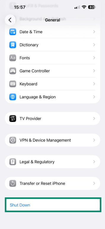 Shutting down an iPhone using the Settings app.