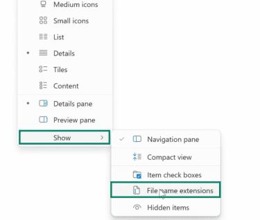File Explorer's View menu with the 'File Name Extensions" option enabled.