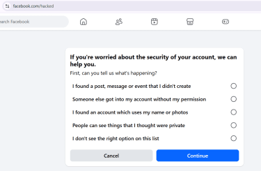 'Facebook.com/hacked' webpage displaying a questionnaire asking users to identify security issues, such as unauthorized account access.