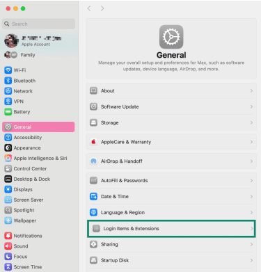 System Settings showing Login Items & Extensions.