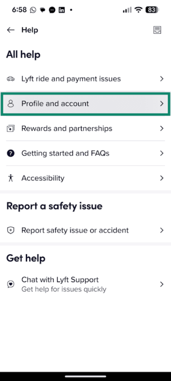 Lyft Profile and account tab in the Help menu.