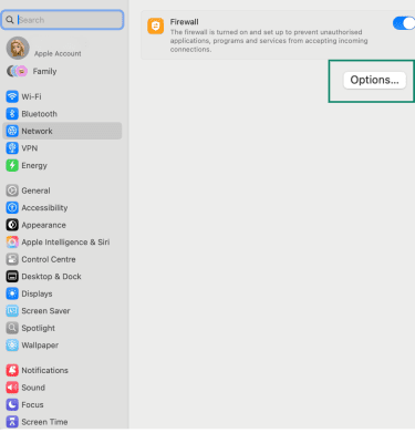 Firewall option within Network settings on macOS.