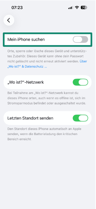 Screenshot showing Find My iPhone option
