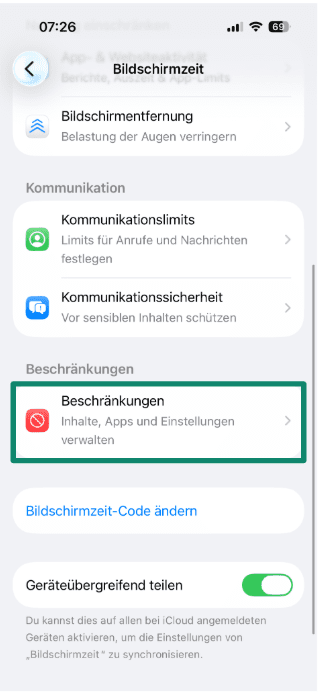 Screen Time menu with Content & Privacy Restrictions highlighted.