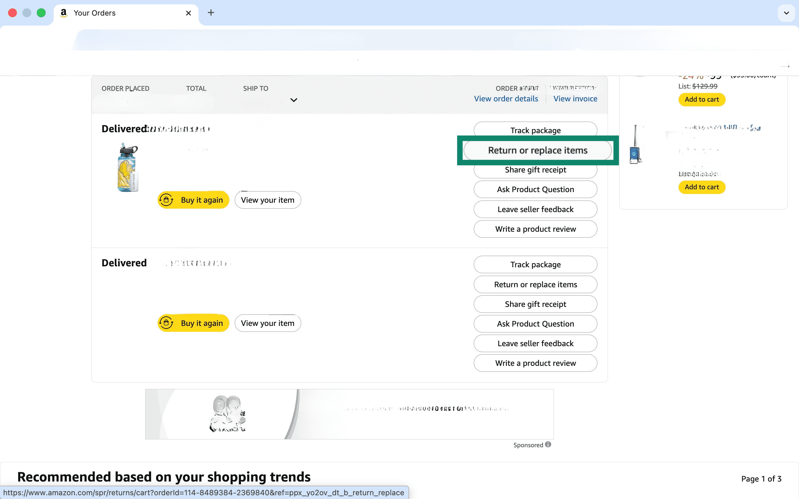 The Amazon Your Orders page, highlighting the "Return or replace items" button.