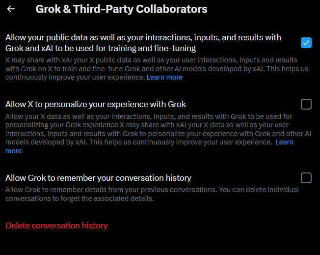 Grok and third-party collaborators settings with training toggles.