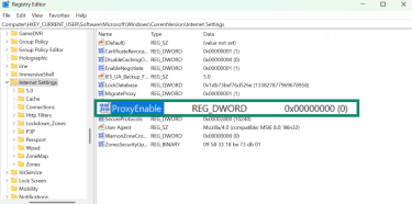 Windows Registry Editor with ProxyEnable registry highlighted.