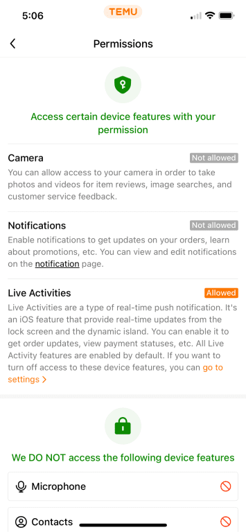 Temu Permissions screen.