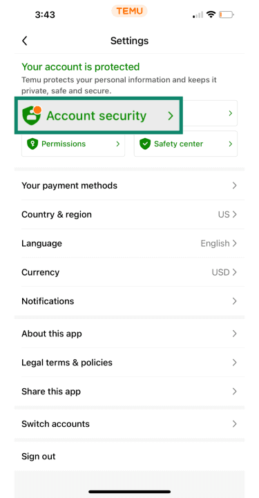Temu Settings screen with Account security highlighted.