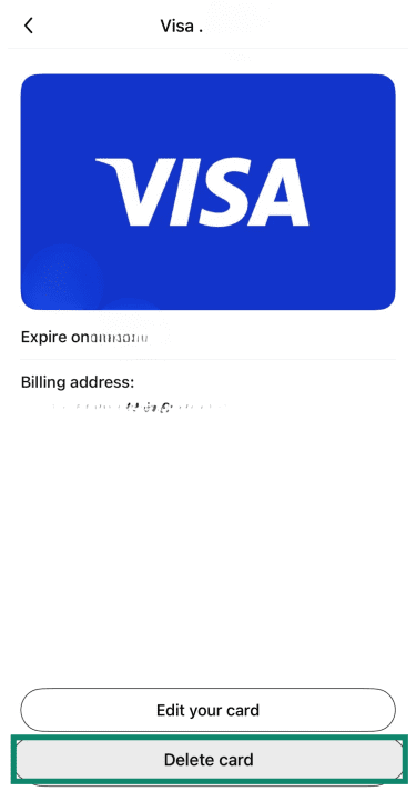 Temu payment methods Delete screen.
