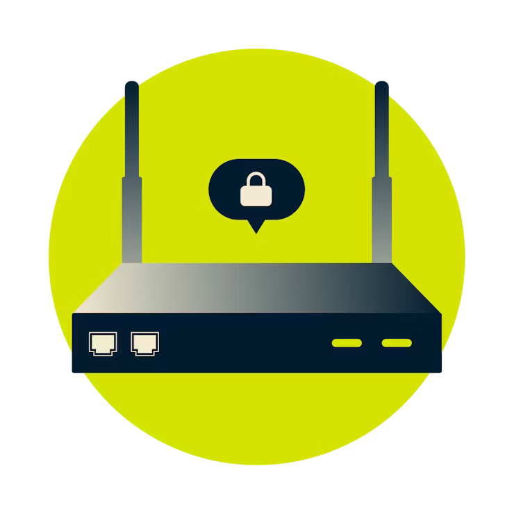 공유기와 말풍선 안에 자물쇠 아이콘