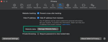 Manage Website Data option in Safari preferences clears cookies