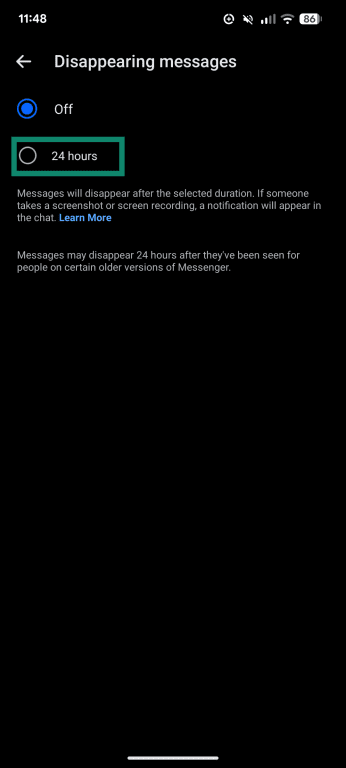 The disappearing messages page, showing the option to enable disappearing messages for 24 hours.