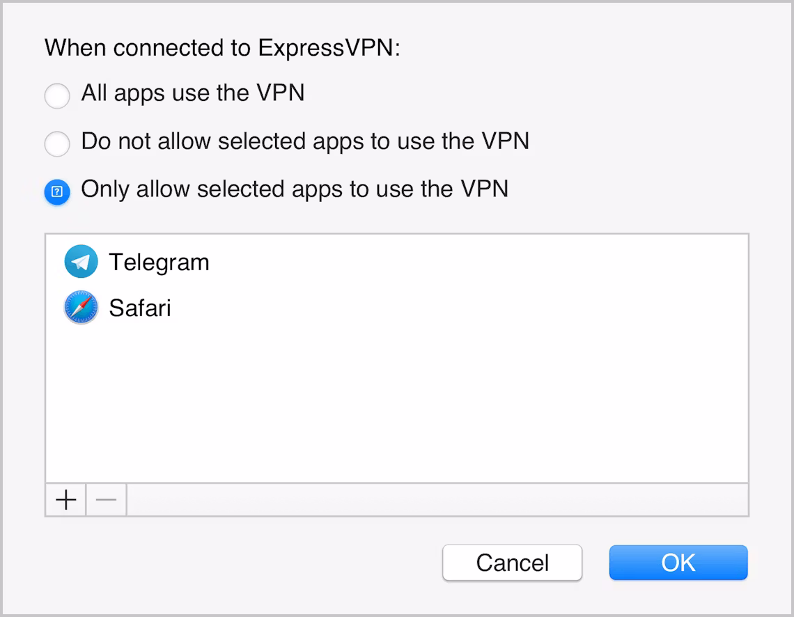 The ExpressVPN app for Mac interface, showing only selected apps being protected by VPN.