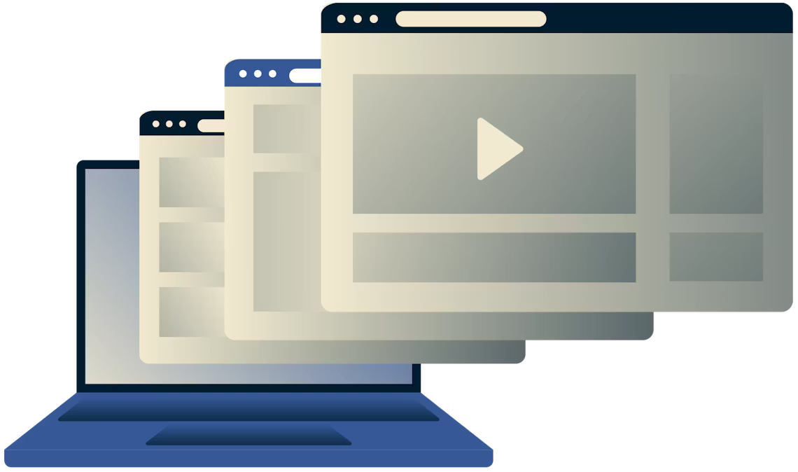 Poista videoiden, musiikin, urheilun ja sosiaalisen median estot. Kannettava tietokone, jossa näkyy useita selainikkunoita.