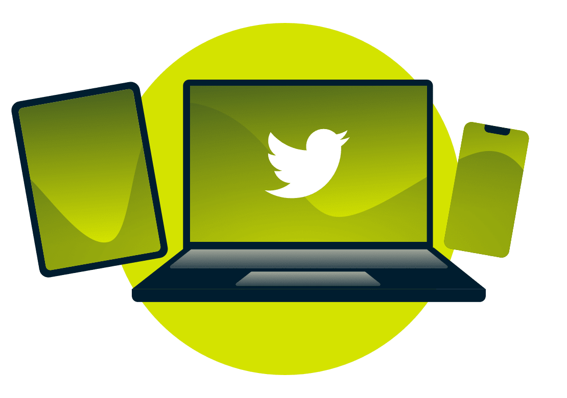 Um laptop, tablet e telefone, com o logotipo do Twitter.