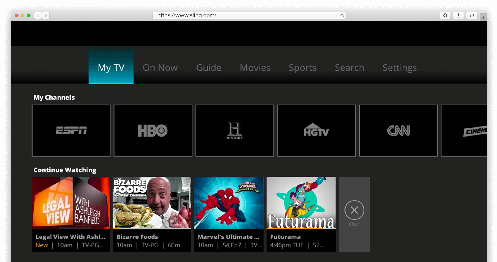 Copie d'écran de la page d'accueil de Sling TV